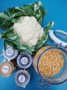 ingredients for vegan golden cauliflower dhal soup